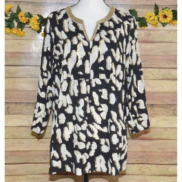 JM Collection Black Print Tunic 3/4 Sleeve V-Neck Blouse Size M Metallic Sequin - Picture 1 of 11